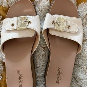 Dr. Scholl's Cream Slide Sandals with Gold Plaque